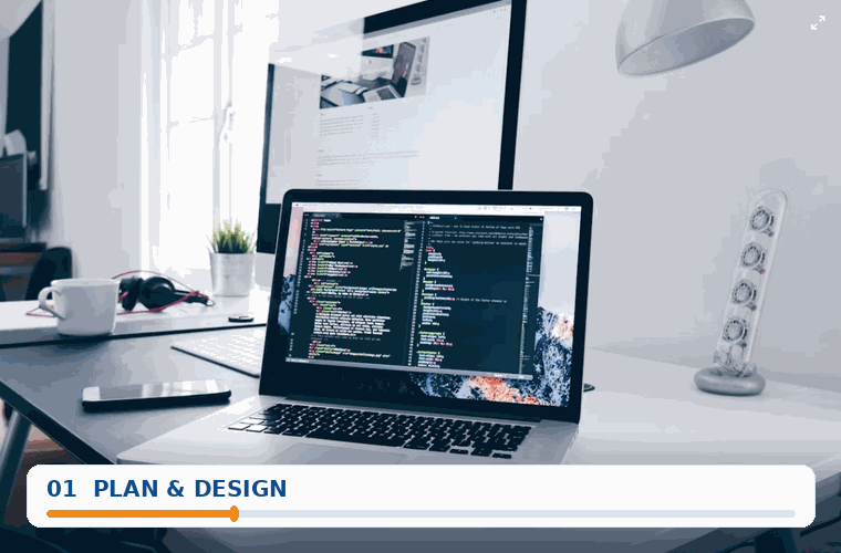 Animated web development process showing design, coding, responsive testing and launch